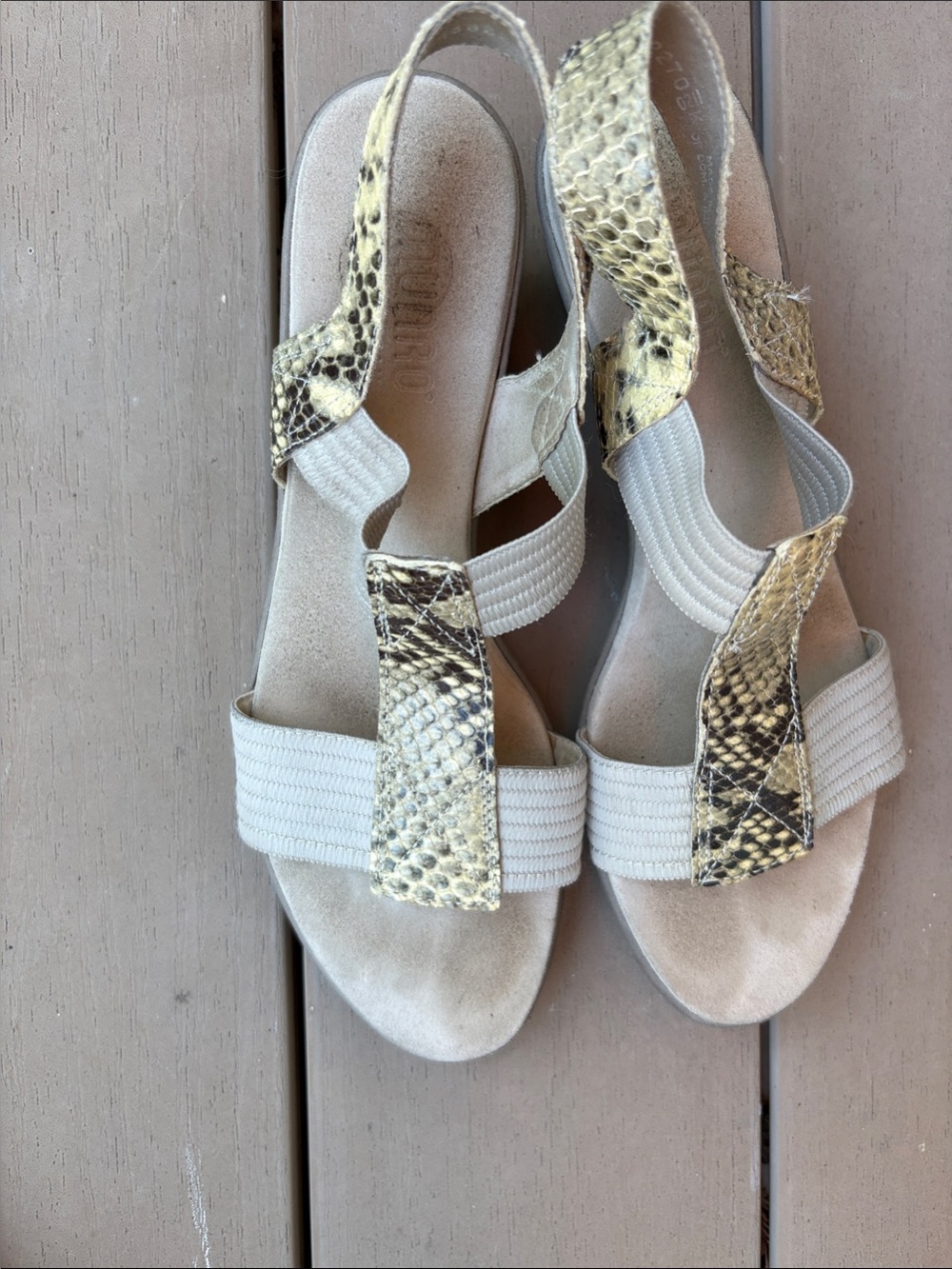 Munro Yellow Snake-Print Slingback Sandals with Cream Straps